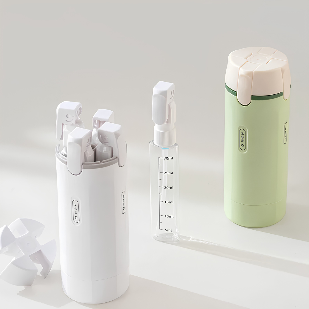 Dispensador 4 em 1 – Viaje sem fugas ou confusão